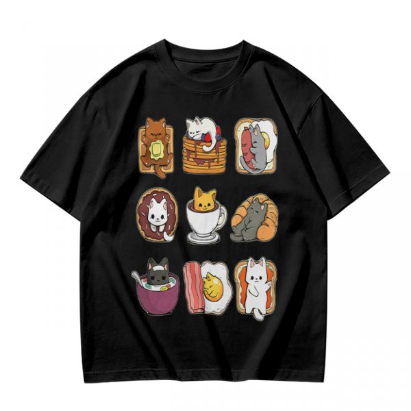 Olive T-Shirt With Cute Breakfast Cat Graphic Print