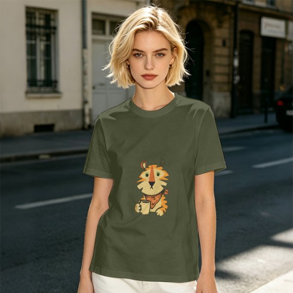 Olive Green T-Shirt with Cute Tiger Holding Coffee Mug Print