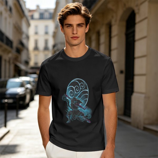 Olive T-shirt with Anime Water Bender Warrior Graphic Print