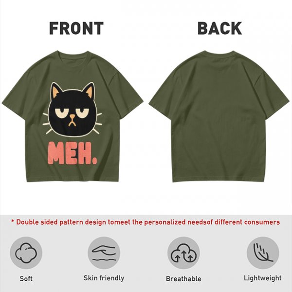 Olive T-Shirt With Grumpy Black Cat Meh Graphic Print