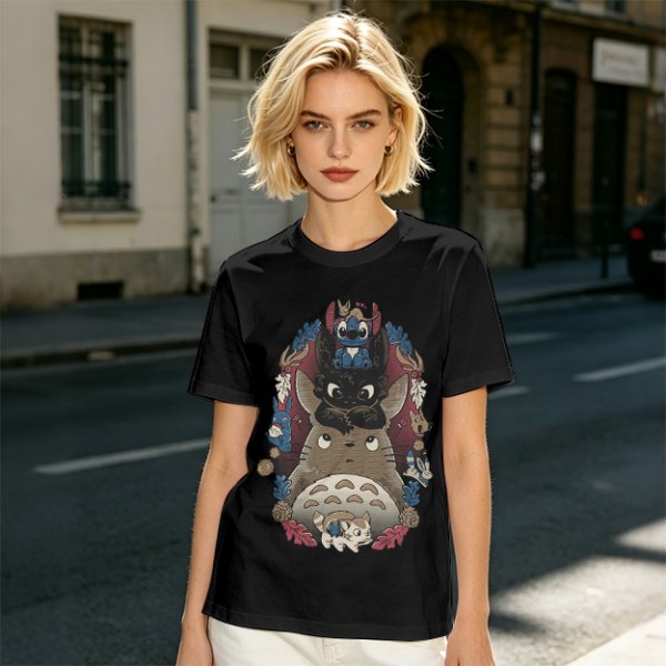 Olive T-Shirt with Stacked Anime Character Totem Print