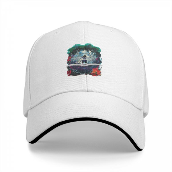 Black Baseball Cap With Fantasy Forest Figure And Red Floral Print