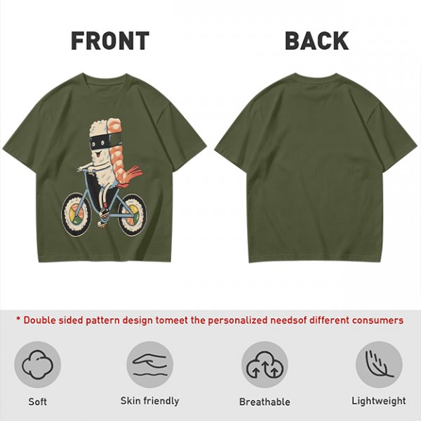 Olive T-Shirt With Sushi Ninja Riding Bicycle Print