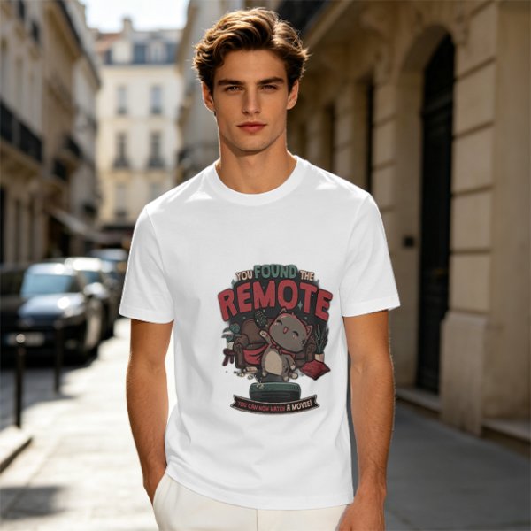 Olive t-shirt with cat graphic and 'You Found The Remote' movie text
