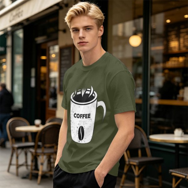 Olive Green T-Shirt With Coffee Mug Graphic Print