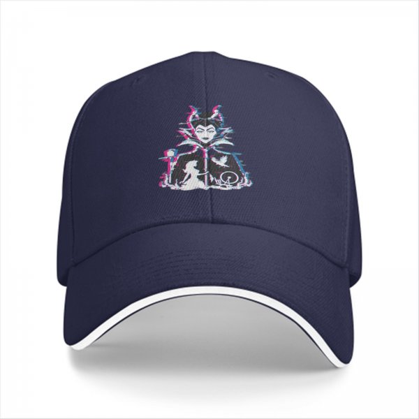 Black baseball cap with glitch-style Maleficent graphic print