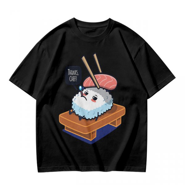 Olive T-Shirt With Sad Sushi Character Saying Thanks Chef Print