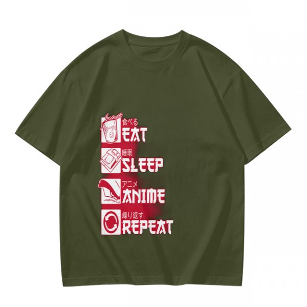 Oversized Olive Anime Themed T-Shirt With Eat Sleep Anime Repeat Print