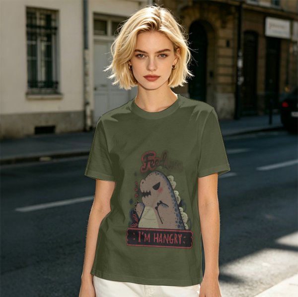 Olive T-Shirt With Hungry Dinosaur 'I'm Hangry' Print