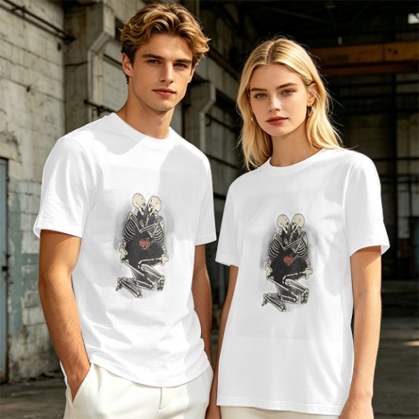 Olive T-Shirt With Skeleton Couple Embracing Red Heart Print