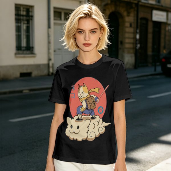 Olive T-shirt with a cat warrior riding a flying cloud graphic