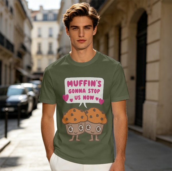 Olive t-shirt with cute muffin graphic and playful text design