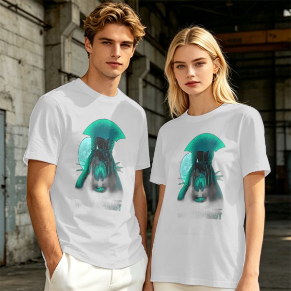 Olive T-Shirt With Glowing Teal Mushroom Creature And Moon Print