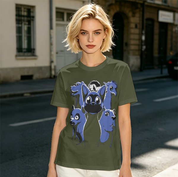Olive T-Shirt With Blue Fantasy Animal Heads Graphic Print