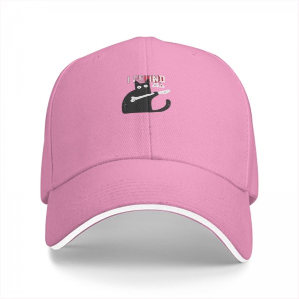 Black baseball cap with a cat holding a bone graphic and text