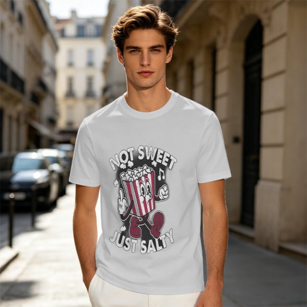 Olive T-Shirt with 'Not Sweet Just Salty' Cartoon Popcorn Print