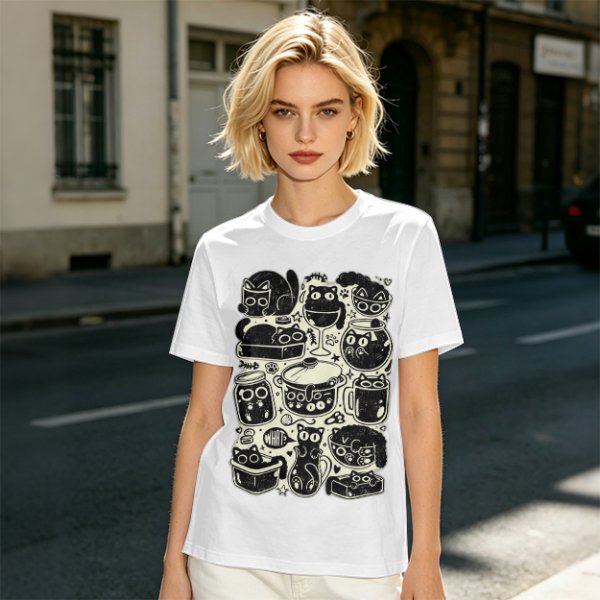 Olive Green T-Shirt With Playful Black Cats In Kitchenware Print