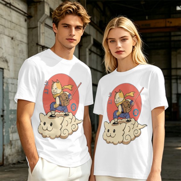 Olive T-shirt with a cat warrior riding a flying cloud graphic