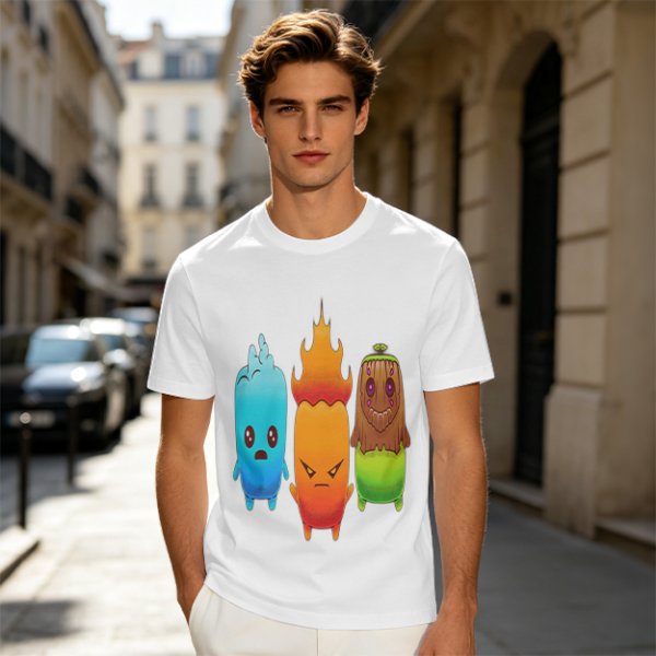 Olive T-Shirt With Cute Water Fire And Earth Elemental Characters