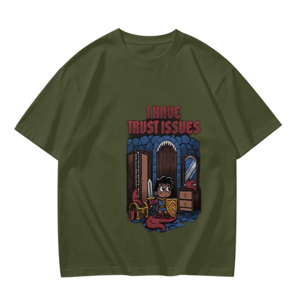 Olive t-shirt with 'I Have Trust Issues' chibi knight graphic
