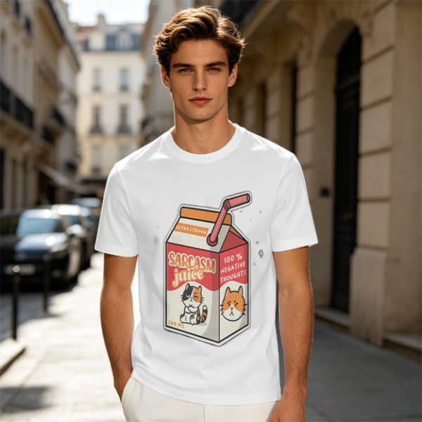 Olive green t-shirt with sarcasm juice carton and grumpy cat print
