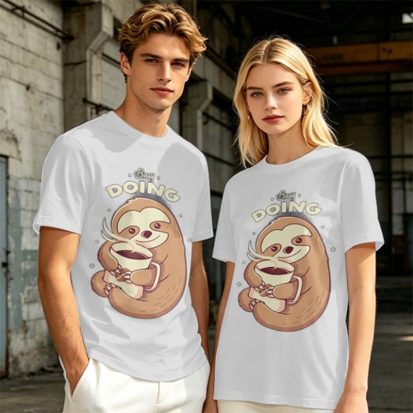 Olive green sloth t-shirt with 'Busy Doing' coffee graphic