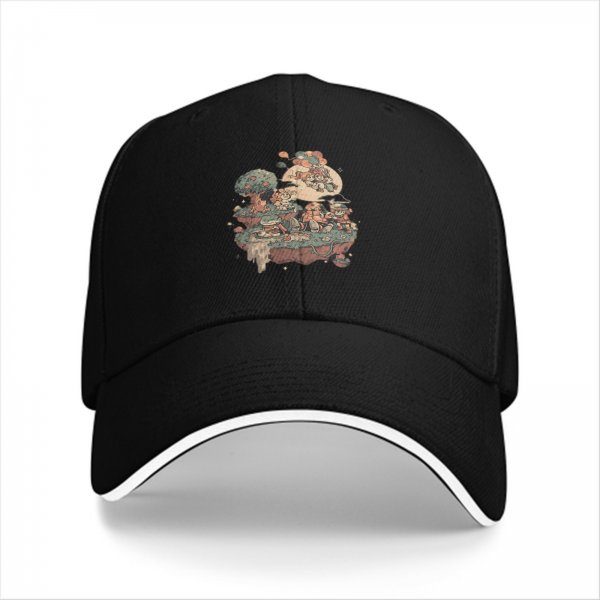 Black Baseball Cap With Whimsical Floating Island Art Print