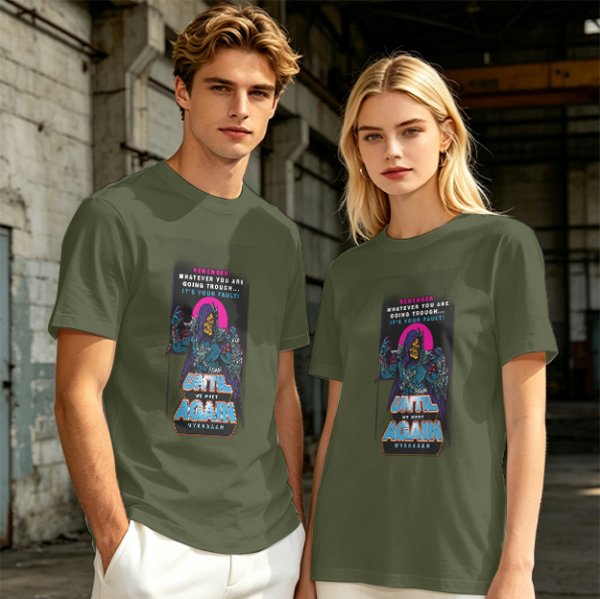 Olive graphic t-shirt with villain character and humorous text print
