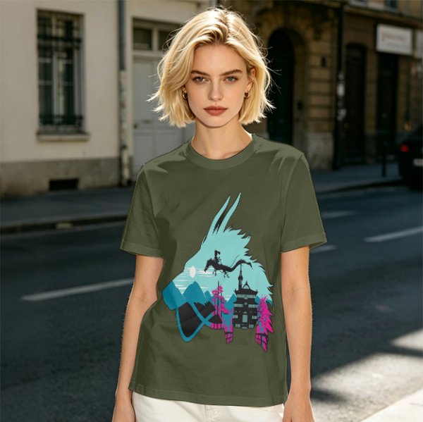 Olive T-Shirt With Spirited Away Dragon Silhouette Artwork
