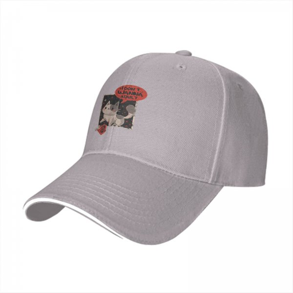 Black baseball cap with 'I don't wanna adult' cat graphic