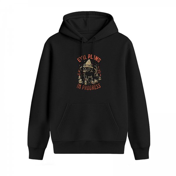 Black hoodie with evil plans in progress witch cat graphic