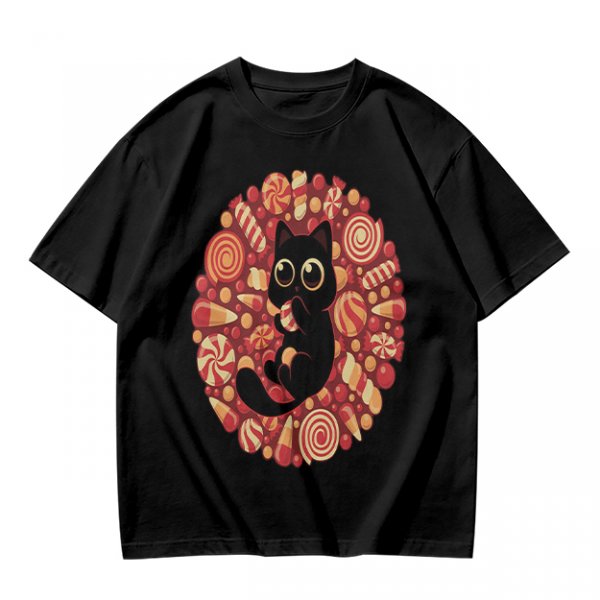 Olive T-Shirt With Cute Black Cat Holding Candy Surrounded By Sweets