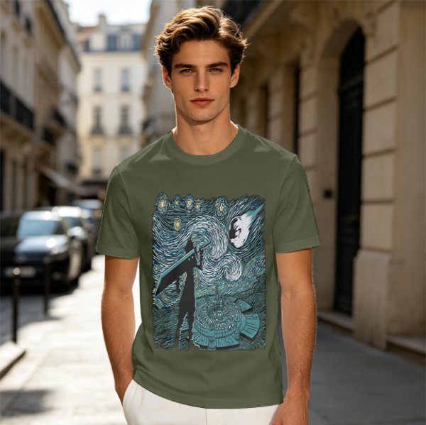 Olive T-shirt with Starry Night Style Fantasy Warrior Print
