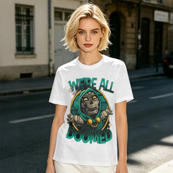 Olive T-Shirt Featuring 'We're All Doomed' and Doom Character Art