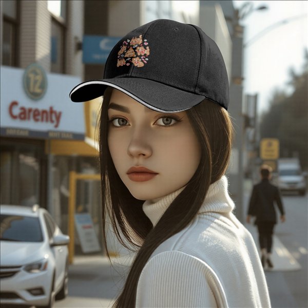 Black Baseball Cap With Christmas Gingerbread Cat Print