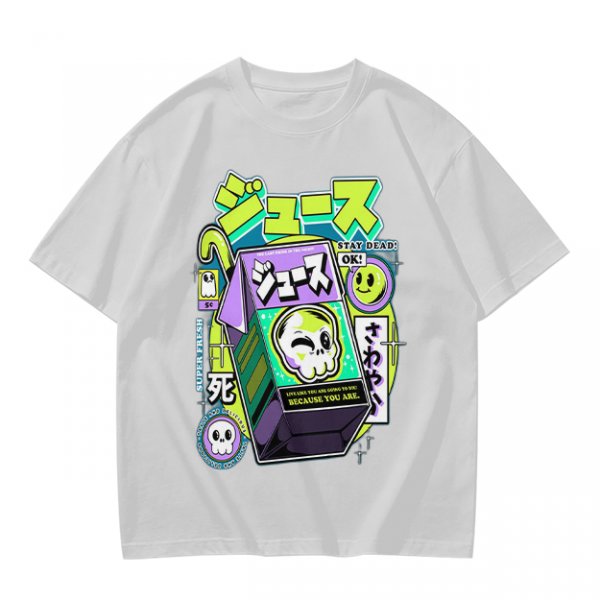 Olive T-shirt with spooky juice box graphic and playful skull art