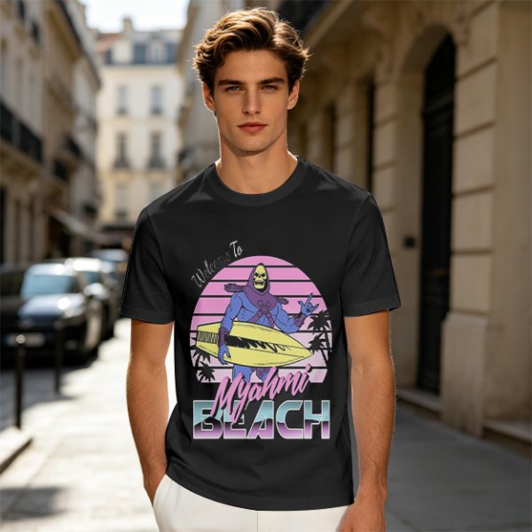 Welcome to Myahmi Beach Skeletor Surf Graphic T-Shirt