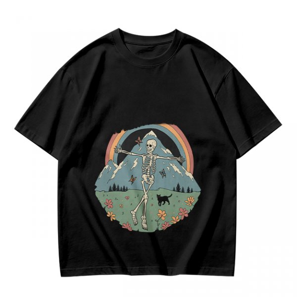 Olive T-shirt with Dancing Skeleton Mountain Rainbow Cat Graphic