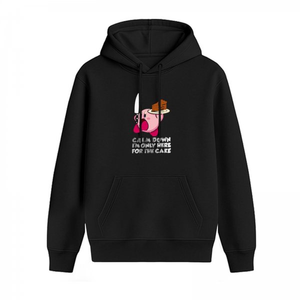 Black hoodie with Kirby holding cake and 'Calm Down' text