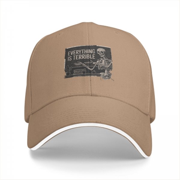 Black baseball cap with 'Everything is Terrible' skeleton graphic