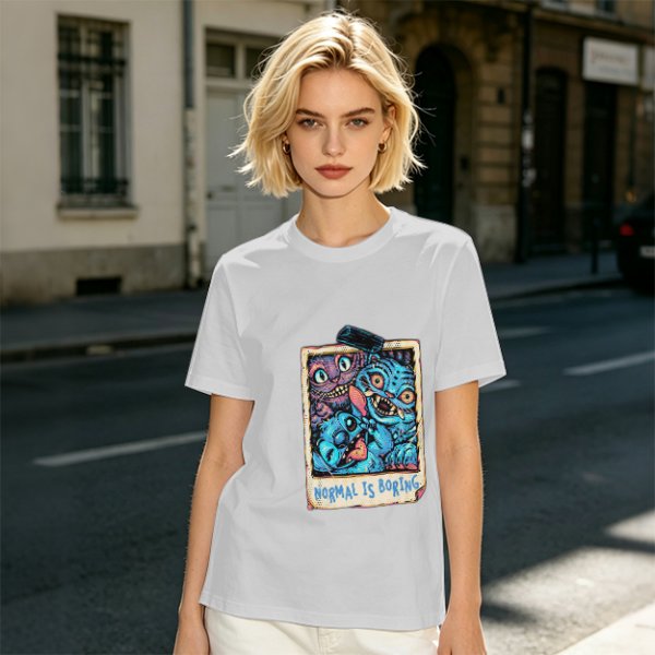 Olive t-shirt with monster polaroid print that says Normal Is Boring