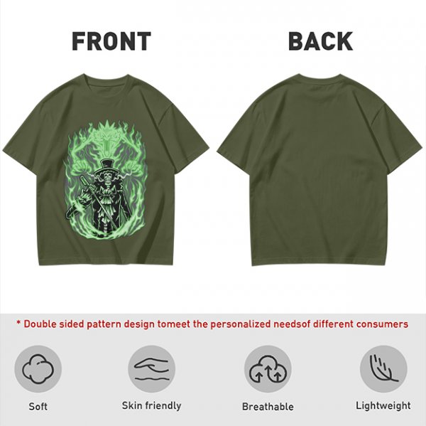 Olive T-Shirt With Skeleton Gentleman And Green Flames Art