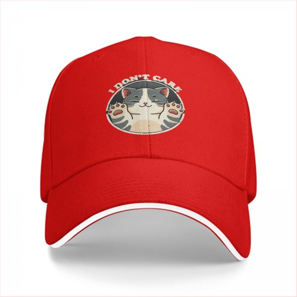 Black baseball cap with 'I DON'T CARE' and relaxed cat graphic