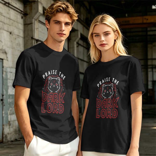 Olive t-shirt with 'Praise the Dark Lord' and dark cat graphic