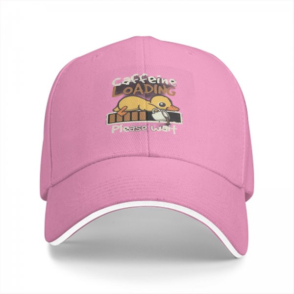 Black baseball cap with caffeine loading duck graphic