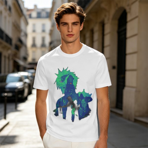 Olive Green Anime Graphic T-Shirt with Spiky Character Art