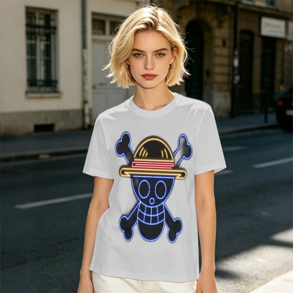 Olive T-Shirt with Neon Style Straw Hat Pirate Skull Print