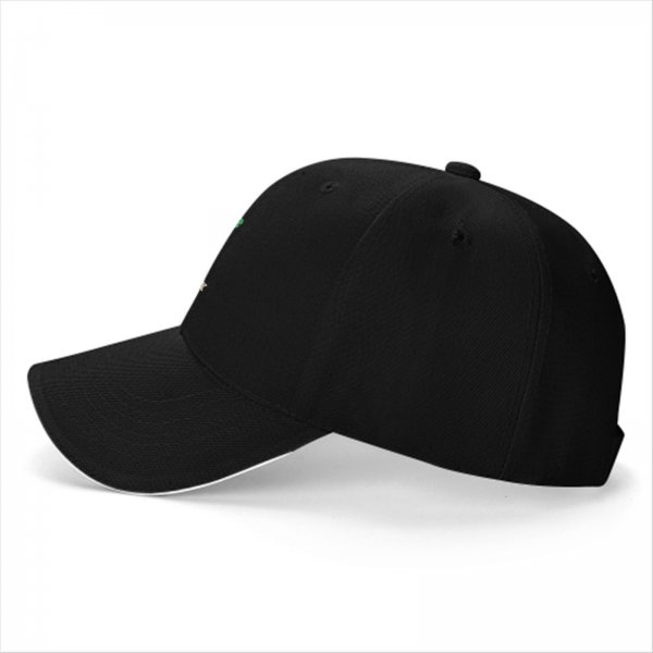Black baseball cap with a sassy cat graphic and 'I want to behave but there's too many options' text