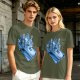 Olive T-shirt with retro blue cartoon car and characters graphic