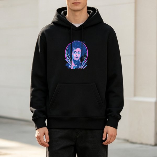 Black hoodie with neon gothic character graphic print